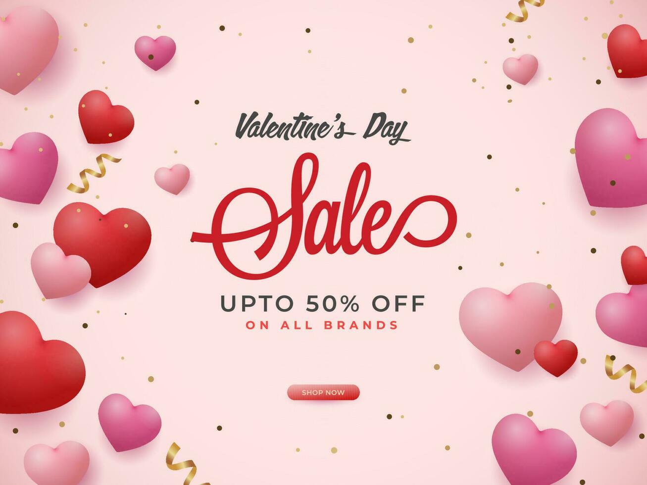 For Valentine's Day Sale Poster Design With Glossy Hearts. vector