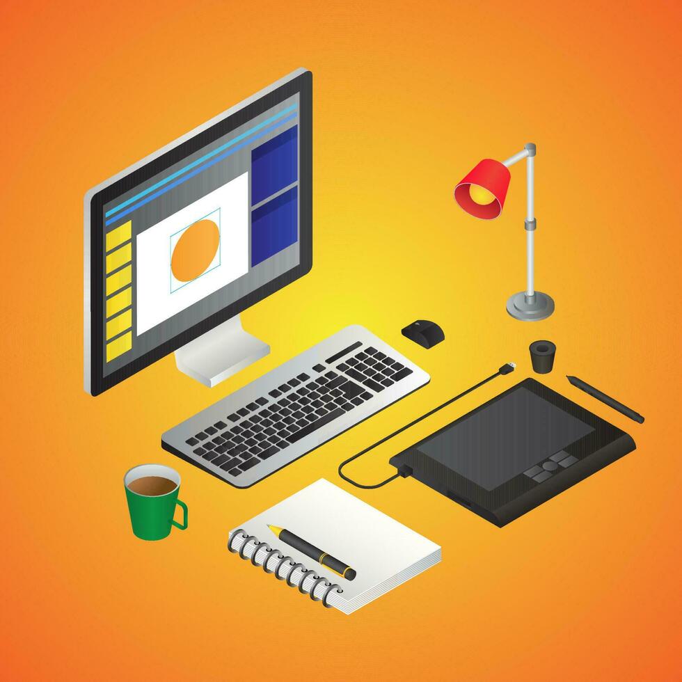 Realistic Designing tools of Computer with Graphic Tablet, Table Lamp, Notebook and Tea Cup on glossy orange background. vector