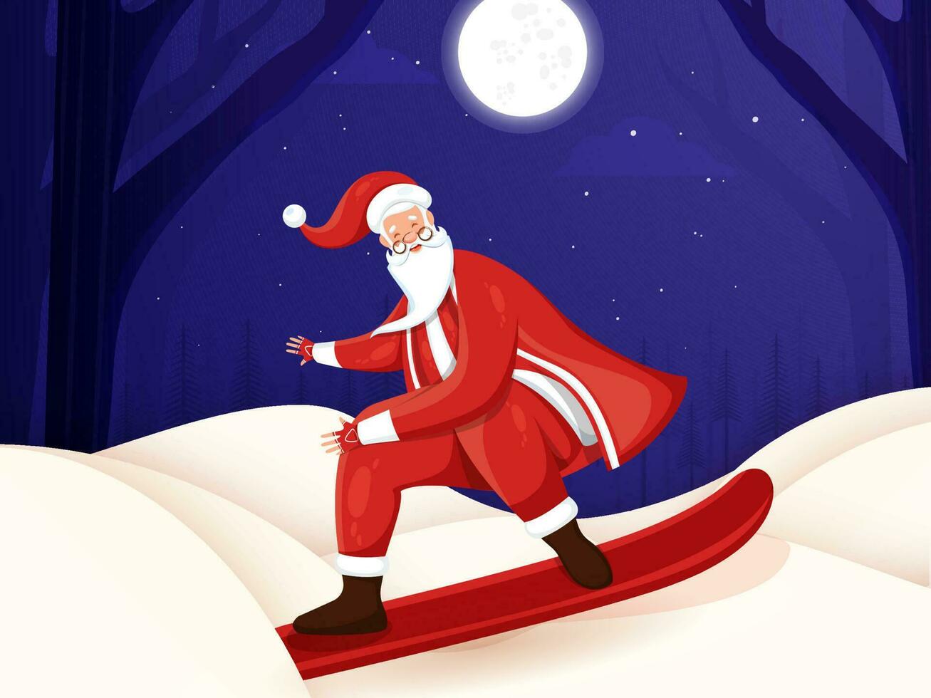 Cute Santa Skating on Winter Night Purple and White background. vector