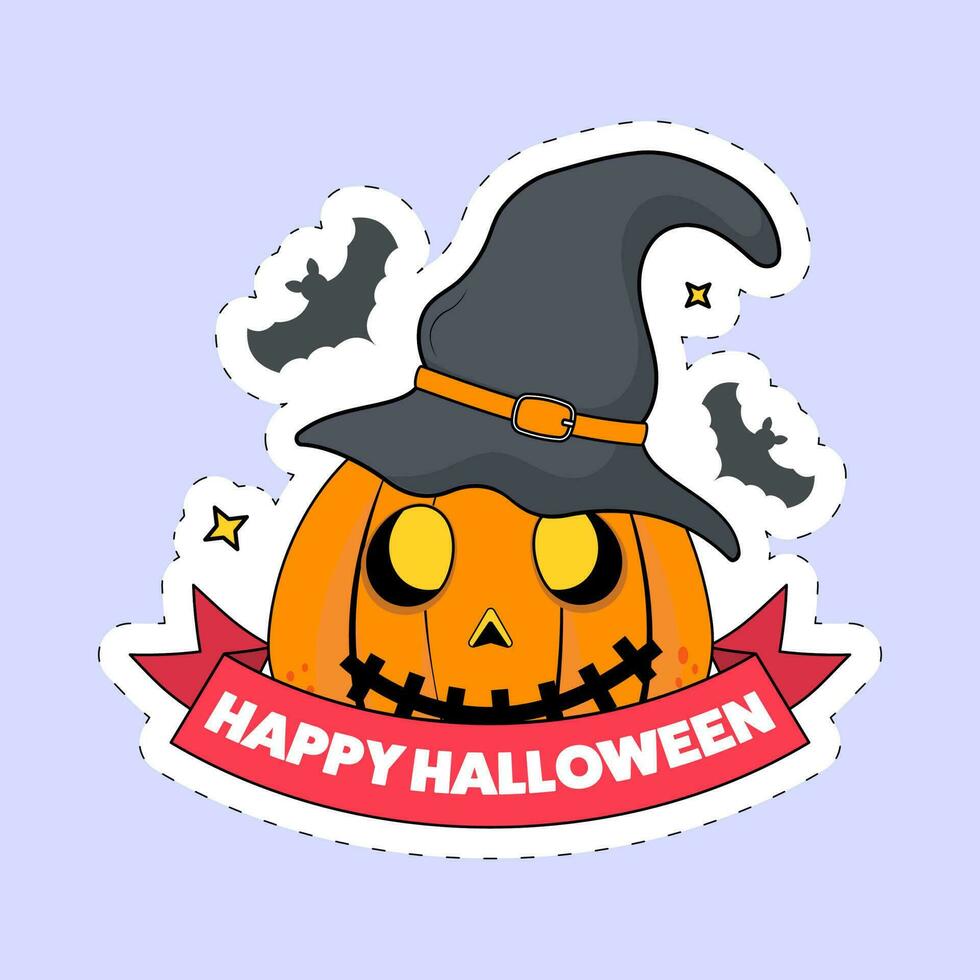 Happy Halloween Font With Scary Pumpkin Wearing Witch Hat, Flying Bats In Sticker Style On Blue Background. vector