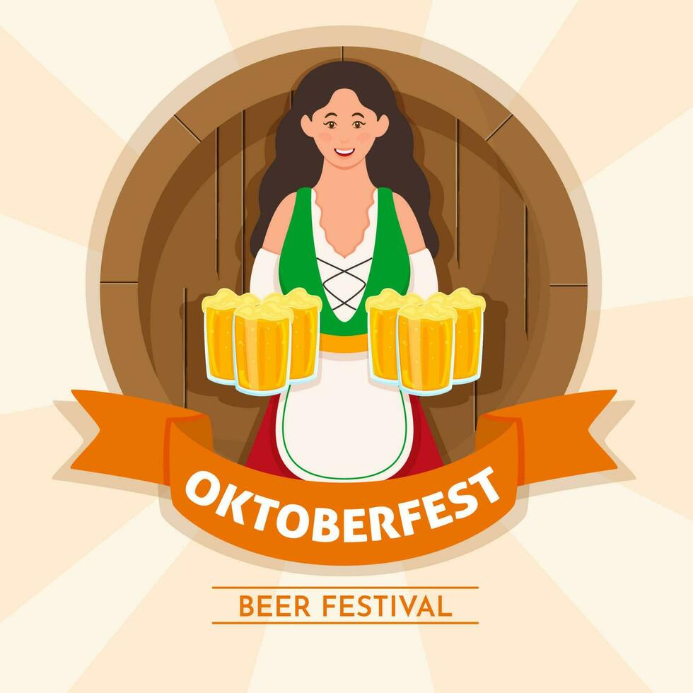 Oktoberfest Beer Festival Poster Design With Germany Young Woman Holding Drink Mugs On Wooden And Peach Rays Background. vector