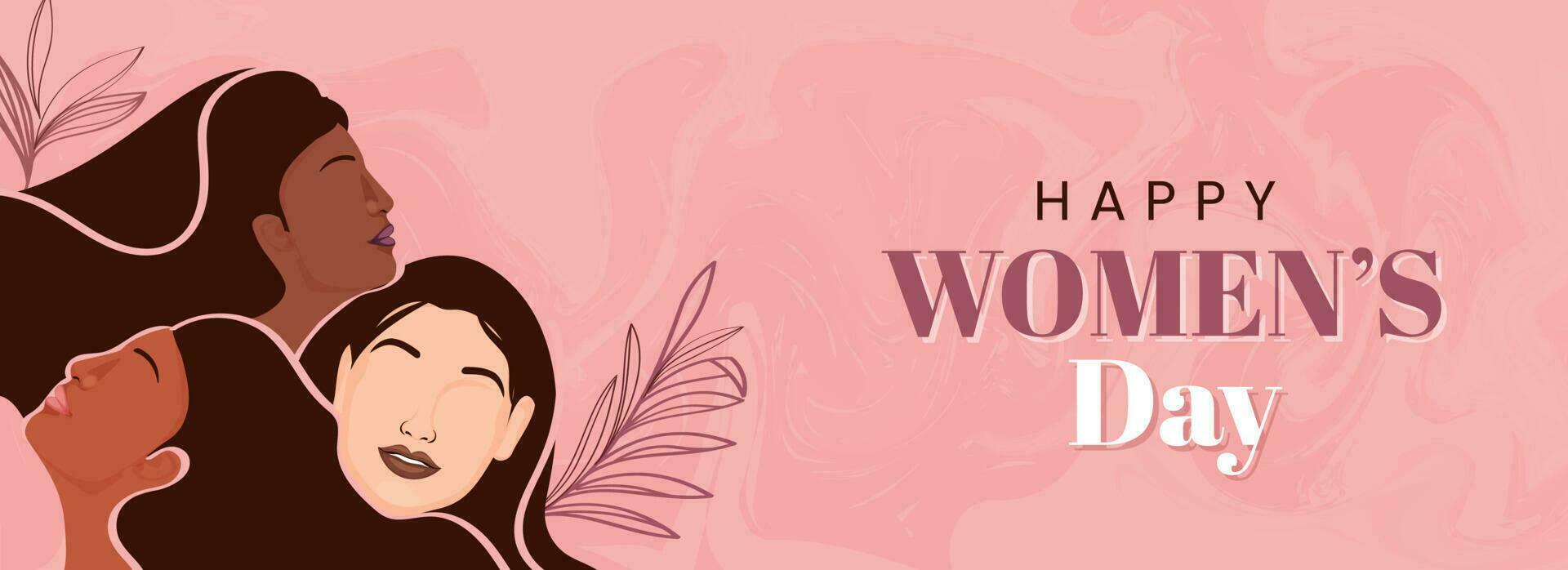 Happy Women's Day Banner Or Header Design With Young Ladies Face And Leaves On Pink Marbling Background. vector
