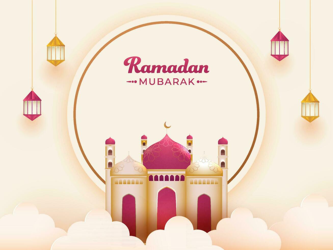 Ramadán Mubarak texto en circular marco con lustroso mezquita, nubes y colgando linternas decorado antecedentes. vector