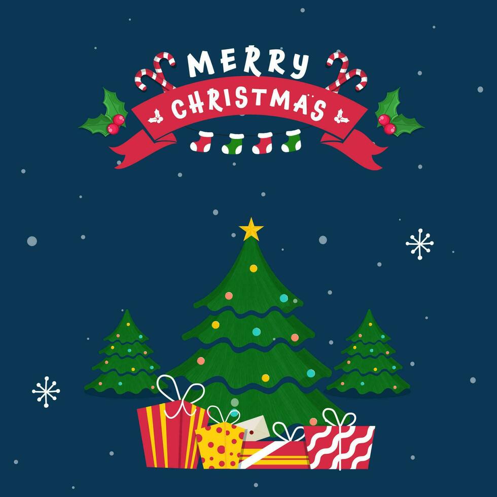 Merry Christmas Poster Design With Decorative Xmas Trees, Gift Boxes, Candy Canes On Blue Snowfall Background. vector