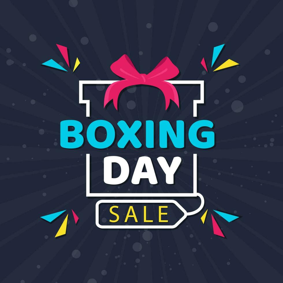 Flat style poster design with Boxing Day Sale text on creative gift box decorated with geometric elements on blue rays background. vector