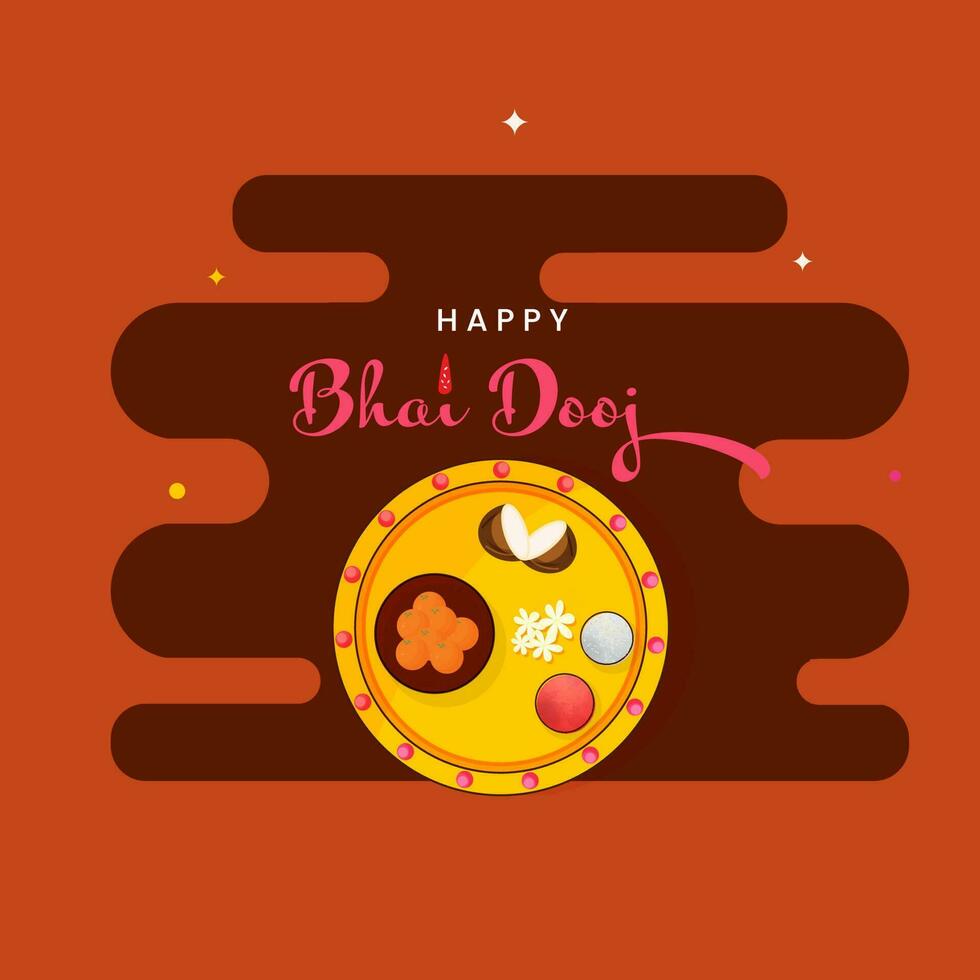 Top View Decorative Plate Of Bhai Dooj Festival On Orange And Brown Background. vector