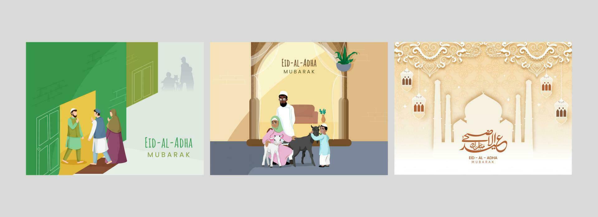 Eid-Al-Adha Mubarak Celebration Poster Or Template Design In Three Color Options. vector