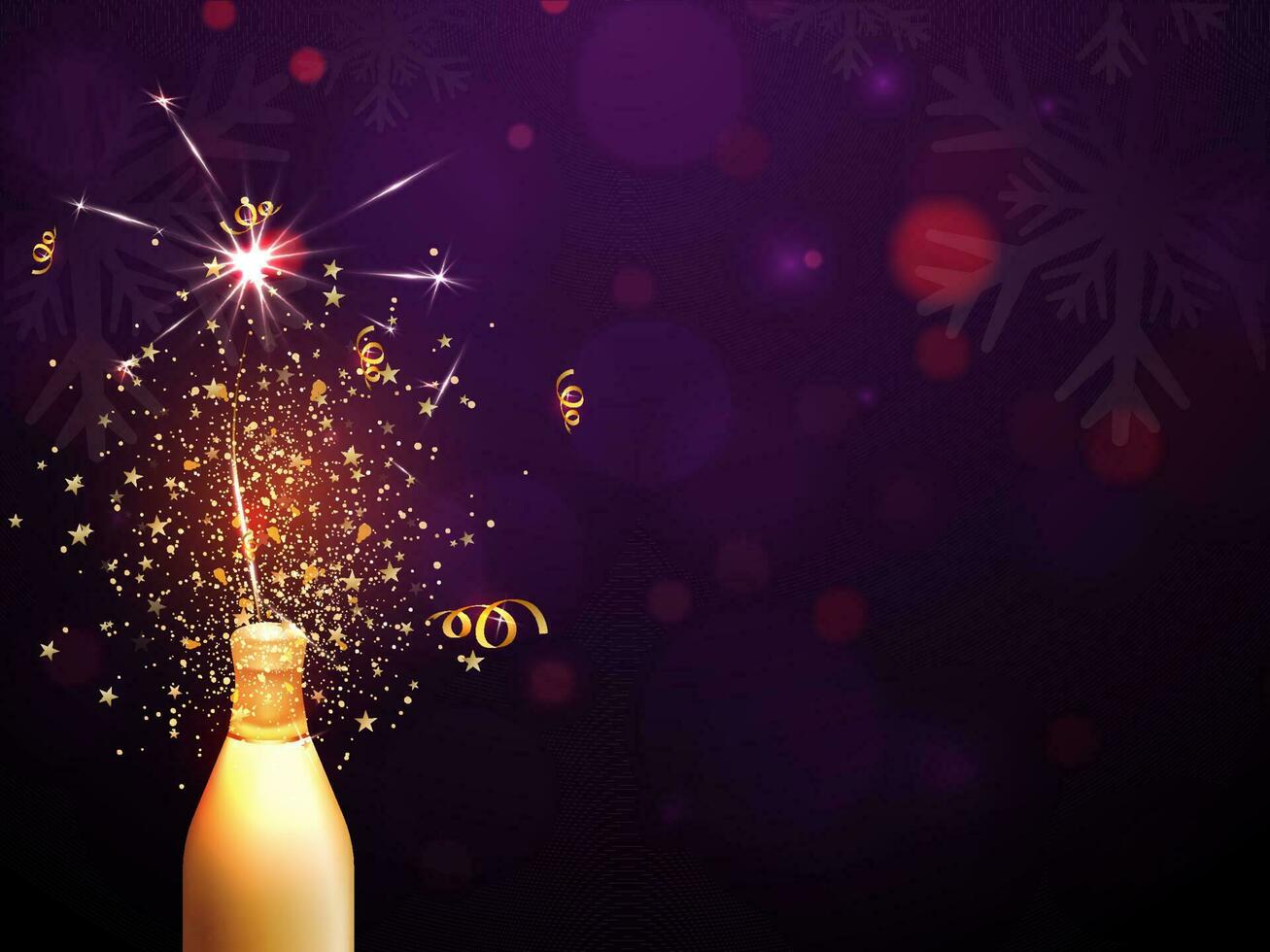 3D Exploding Golden Champagne Bottle With Stars, Curl Ribbons, Glare Effect On Purple Bokeh Background. vector