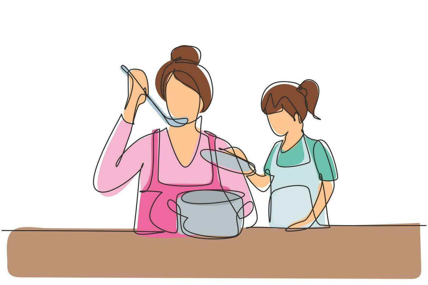 Continuous one line drawing little daughter holding pan lid and her beautiful mom tasting food using cooking spoon. Cooking together in kitchen. Single line draw design vector graphic illustration