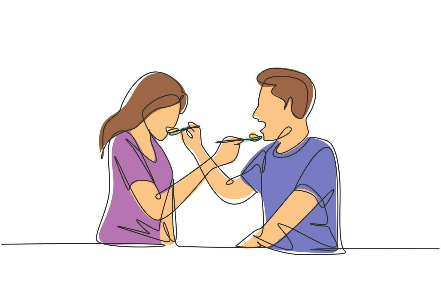 Continuous one line drawing romantic young couple feeding each other. Having fun dinner together at restaurant. Celebrate wedding anniversaries. Single line draw design vector graphic illustration