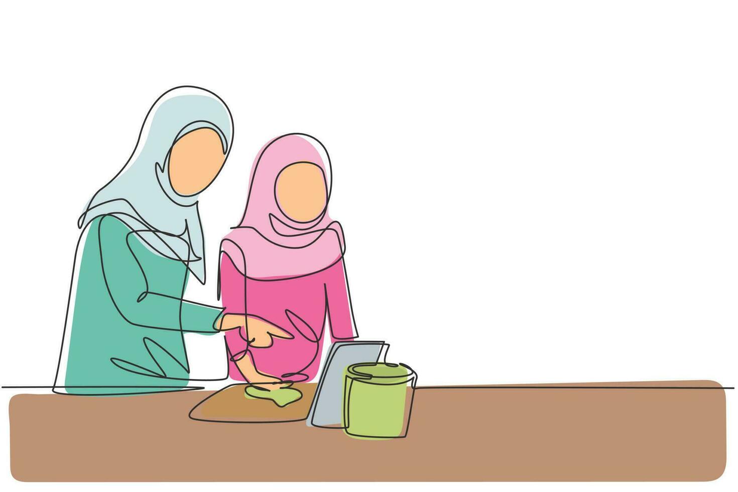 Single continuous line drawing Arabian mother and daughter cooking together while watching tutorial from tablet. Learn to cook with technology. Dynamic one line draw graphic design vector illustration