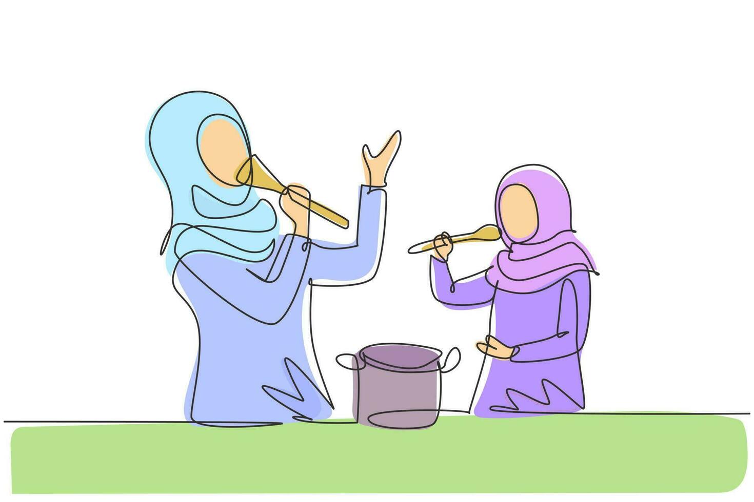 dibujo continuo de una línea alegre madre árabe y su pequeña hija cantando mientras cocinan juntas, usando una espátula y una cuchara como micrófonos. Ilustración gráfica de vector de diseño de dibujo de una sola línea