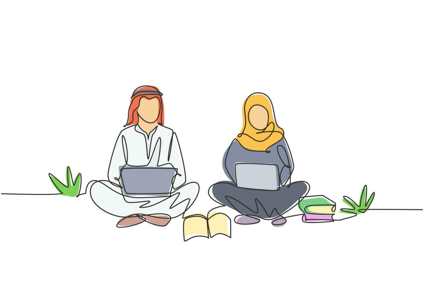 Continuous one line drawing Arabian couple with laptop sitting at the park together. Freelance, distance learning, online courses, studying concept. Single line draw design vector graphic illustration