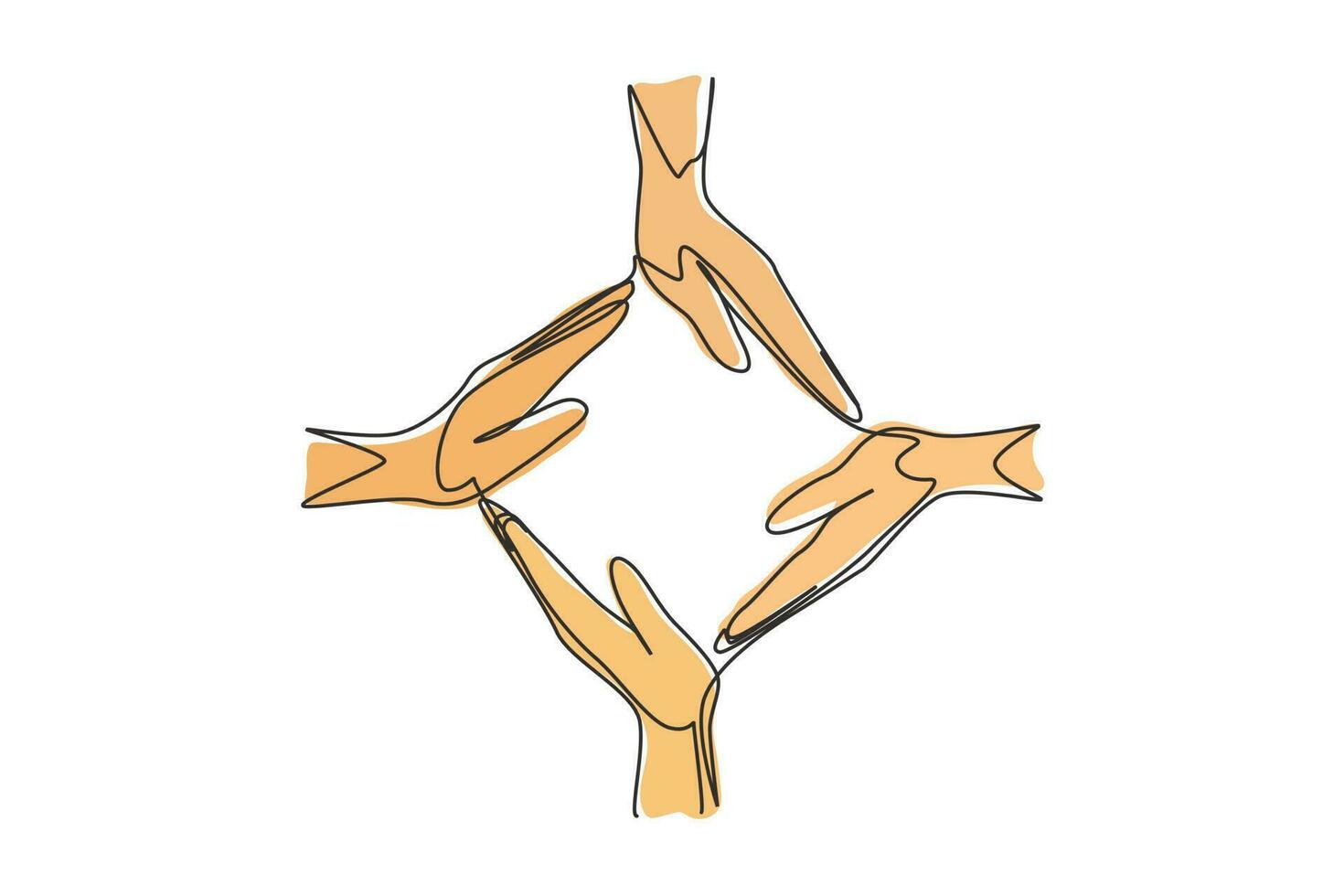 Continuous one line drawing four palm hands make square frame shape. Symbol of care, unity, sharing, trust. Communication with hand gestures. Single line draw design vector graphic illustration