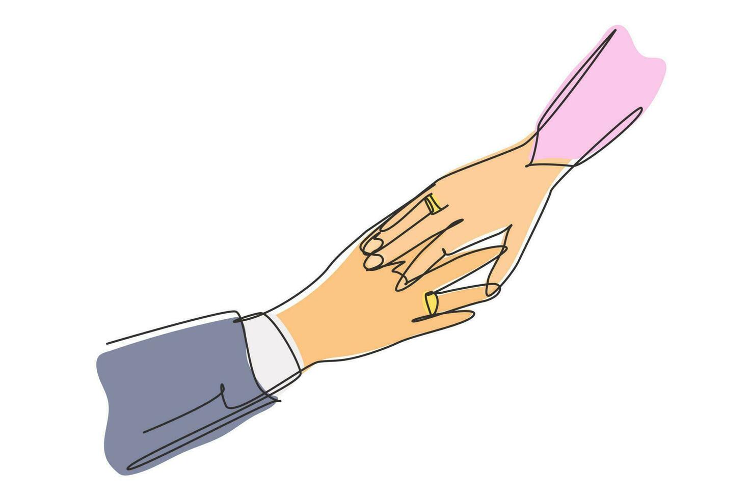 dibujo de línea continua única a mano del novio y la novia con anillos de boda. los novios hacen voto de lealtad el día de su boda. ceremonia de matrimonio. Ilustración de vector de diseño gráfico de dibujo de una línea