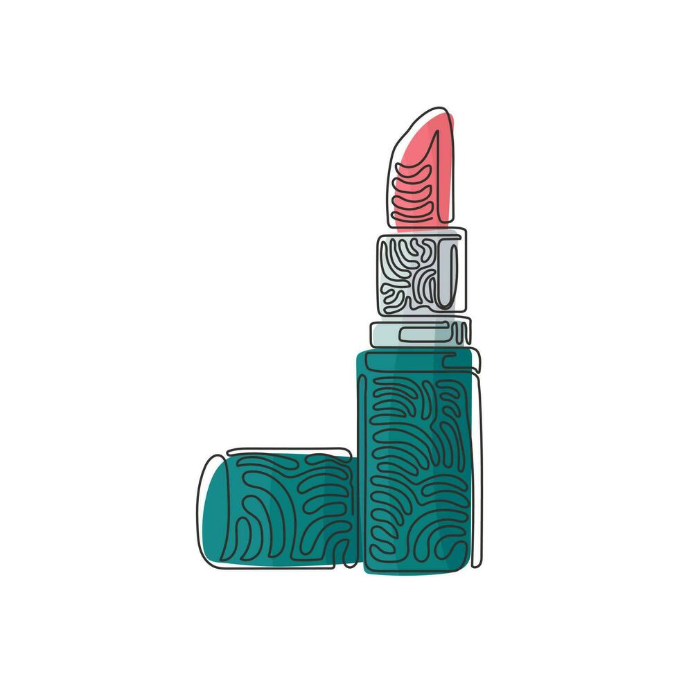 Single one line drawing beautiful lipstick. Glamor shiny red lipstick. Lipstick new open. Women's open red lipstick. Swirl curl style. Modern continuous line draw design graphic vector illustration