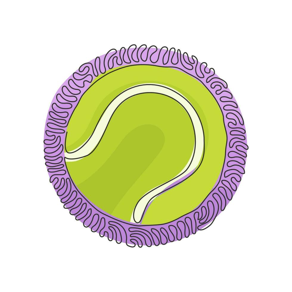 pelota de tenis de dibujo continuo de una línea. juego, deporte, competencia, ronda. pelota de tenis amarilla hecha de fieltro y caucho. estilo de fondo de círculo de rizo de remolino. ilustración gráfica de vector de diseño de línea única