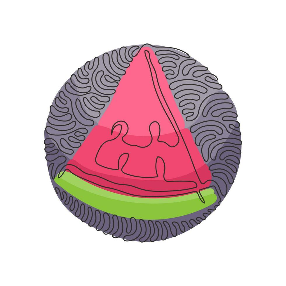 Single continuous line drawing fresh slice of watermelon. Watermelon healthy food. Organic natural food. Swirl curl circle background style. Dynamic one line draw graphic design vector illustration