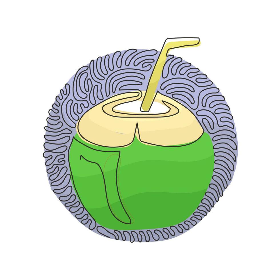 Continuous one line drawing green coconut water drink with drinking straw. Summer dessert food and drink menu. Swirl curl circle background style. Single line draw design vector graphic illustration