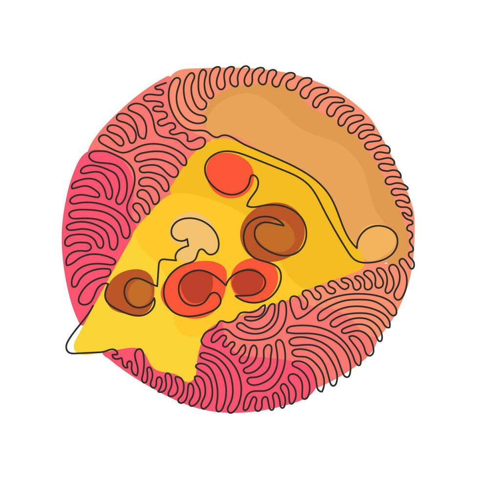 Single one line drawing slice of pizza with tomatoes, lettuce, sausage, cheese. Street food concept. Swirl curl circle background style. Modern continuous line draw design graphic vector illustration