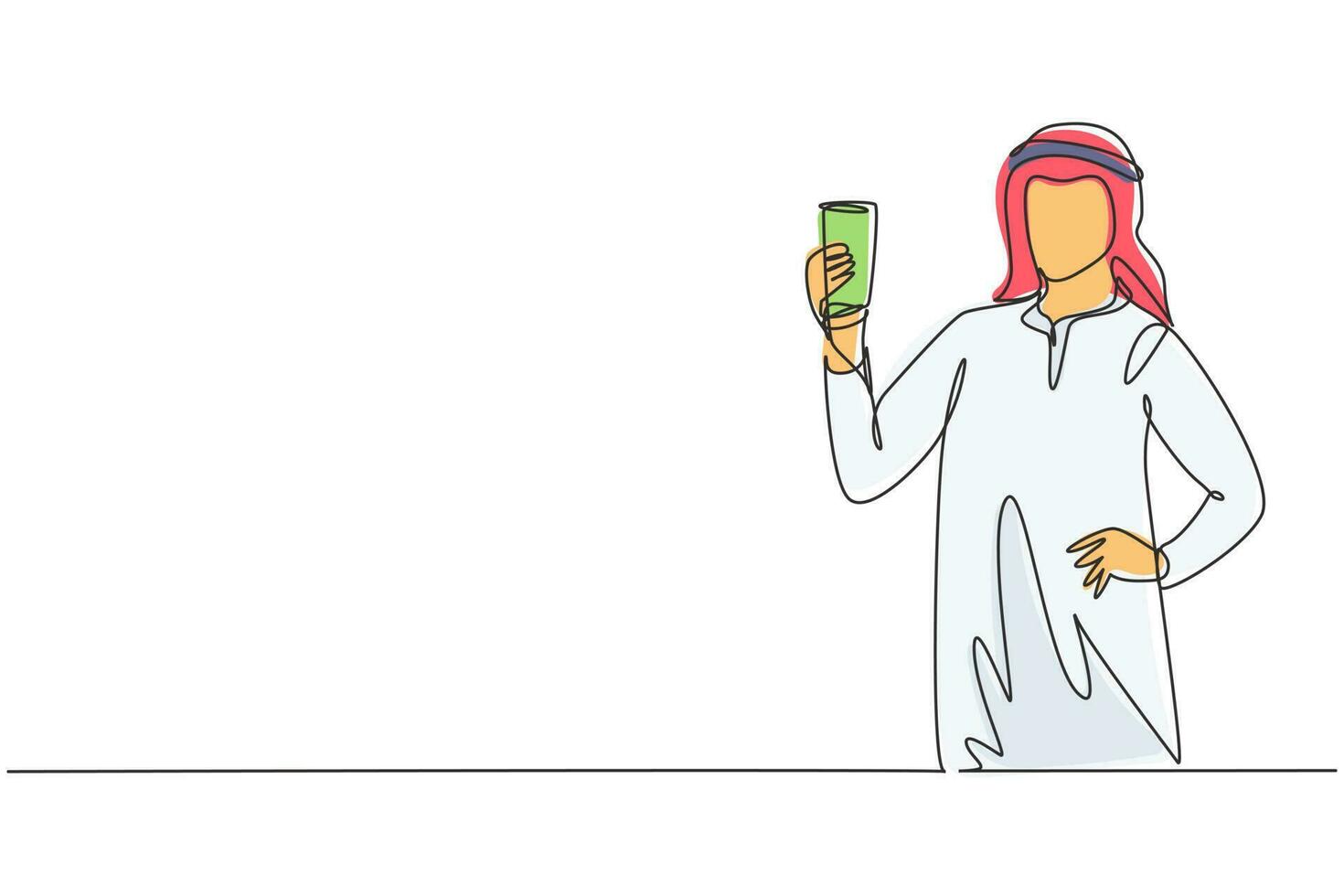Continuous one line drawing portrait of happy young Arabian male holding glass of orange juice. Make him refreshing and enjoyment in summer season. Single line draw design vector graphic illustration