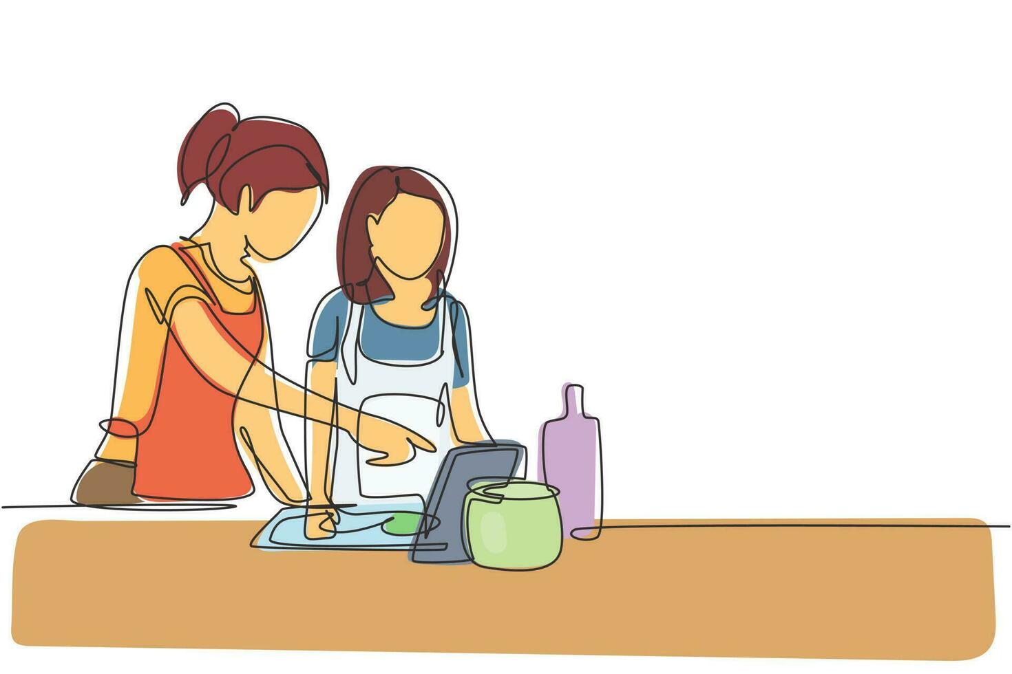 Continuous one line drawing happy mother and daughter cooking together while watching tutorial from tablet. Learn to cook with modern technology. Single line draw design vector graphic illustration