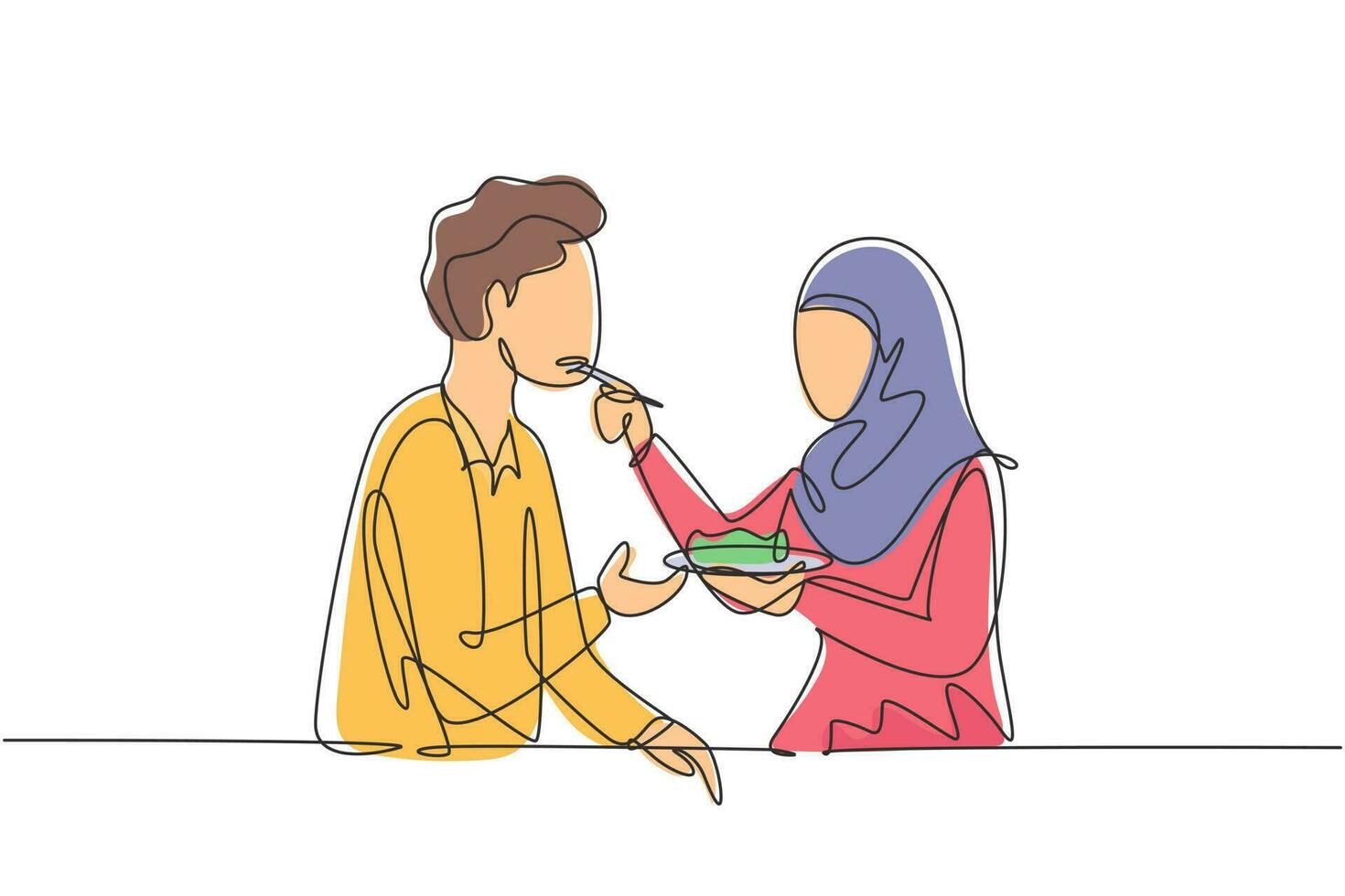 dibujo continuo de una línea romántica mujer árabe alimenta a su marido. feliz pareja cenan juntos en el restaurante. celebrar aniversarios de bodas. Ilustración gráfica de vector de diseño de dibujo de una sola línea