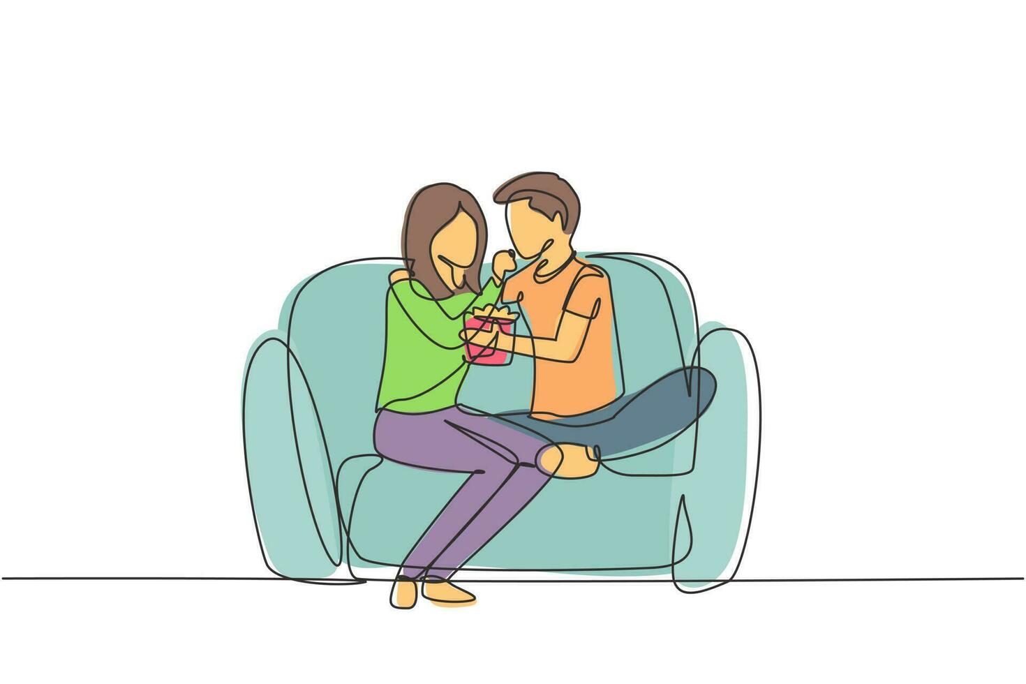 Single continuous line drawing romantic couple sitting relaxed together on sofa, woman feeding popcorn to man. Celebrate wedding anniversary. Dynamic one line draw graphic design vector illustration