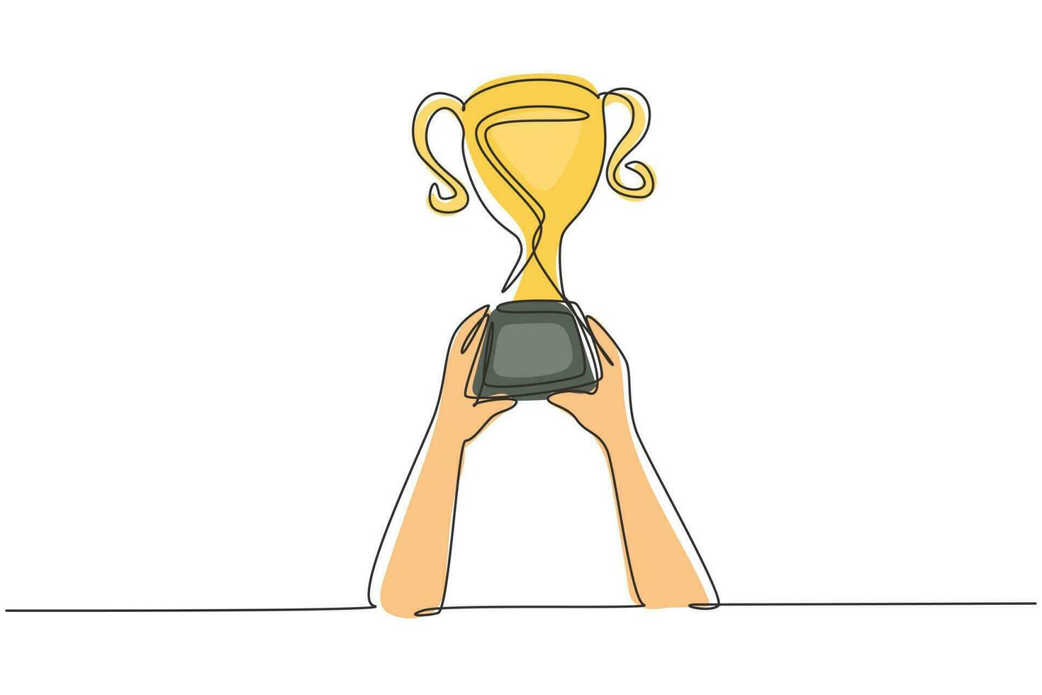 Continuous one line drawing trophy is held by both hands. Symbol of winning championships, matches and sports competitions. Best achievement ever. Single line draw design vector graphic illustration