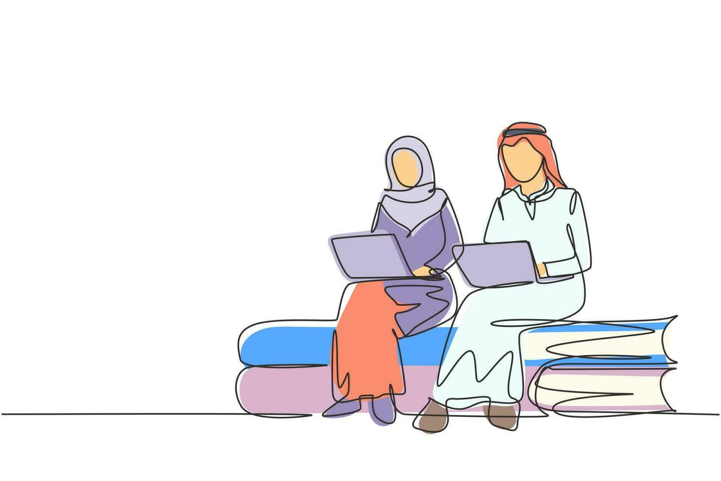 Single one line drawing Arabian couple with laptop sitting on pile of books together. Freelance, distance learning, online courses, studying. Continuous line draw design graphic vector illustration