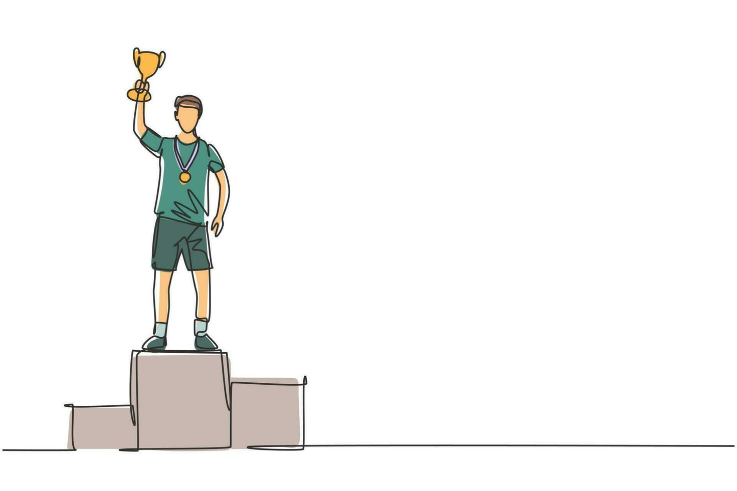 Single continuous line drawing male athlete wearing sports jersey lifting golden trophy with one hand on podium. Celebrating victory of competition. One line draw graphic design vector illustration