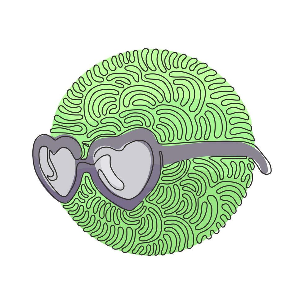 Single continuous line drawing glasses in shape hearts. Trendy cute love. Fashion and style, accessories. Swirl curl circle background style. One line draw graphic design vector illustration