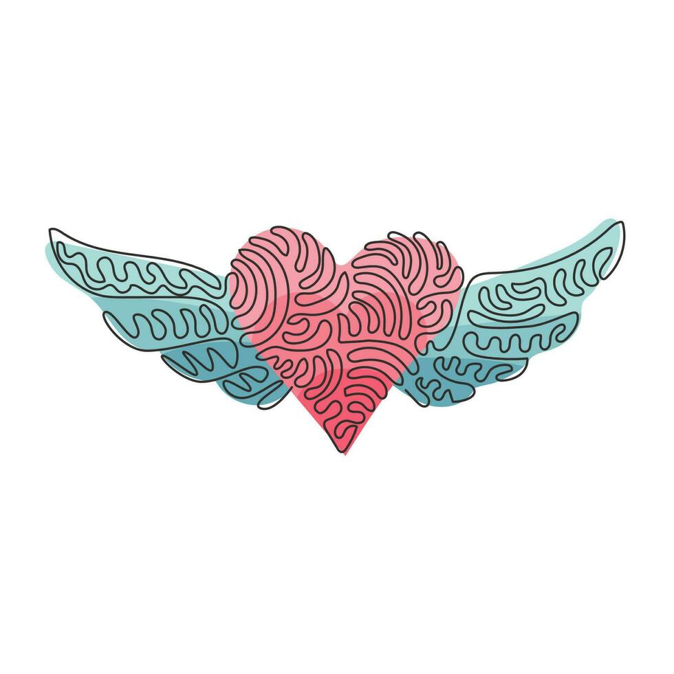 Single continuous line drawing heart with open wings holiday romantic decoration logo vector image. Swirl curl style. Dynamic one line draw graphic design vector illustration