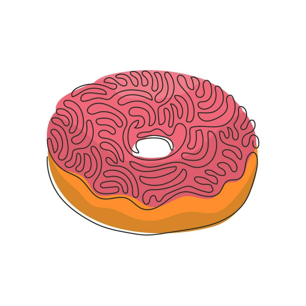 Continuous one line drawing chocolate glazed ring donut. Sweet doughnut. Appetizing fresh food for breakfast or lunch. Swirl curl style. Single line draw design vector graphic illustration