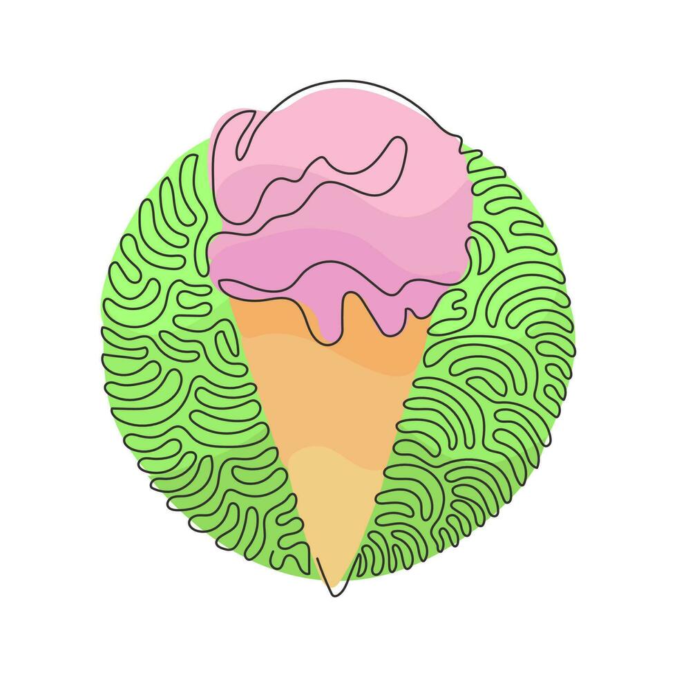 Single continuous line drawing delicious ice creams in crispy cone waffles. Tasty sweet ice-cream. Cold summer desserts. Swirl curl circle background style. Dynamic one line draw graphic design vector