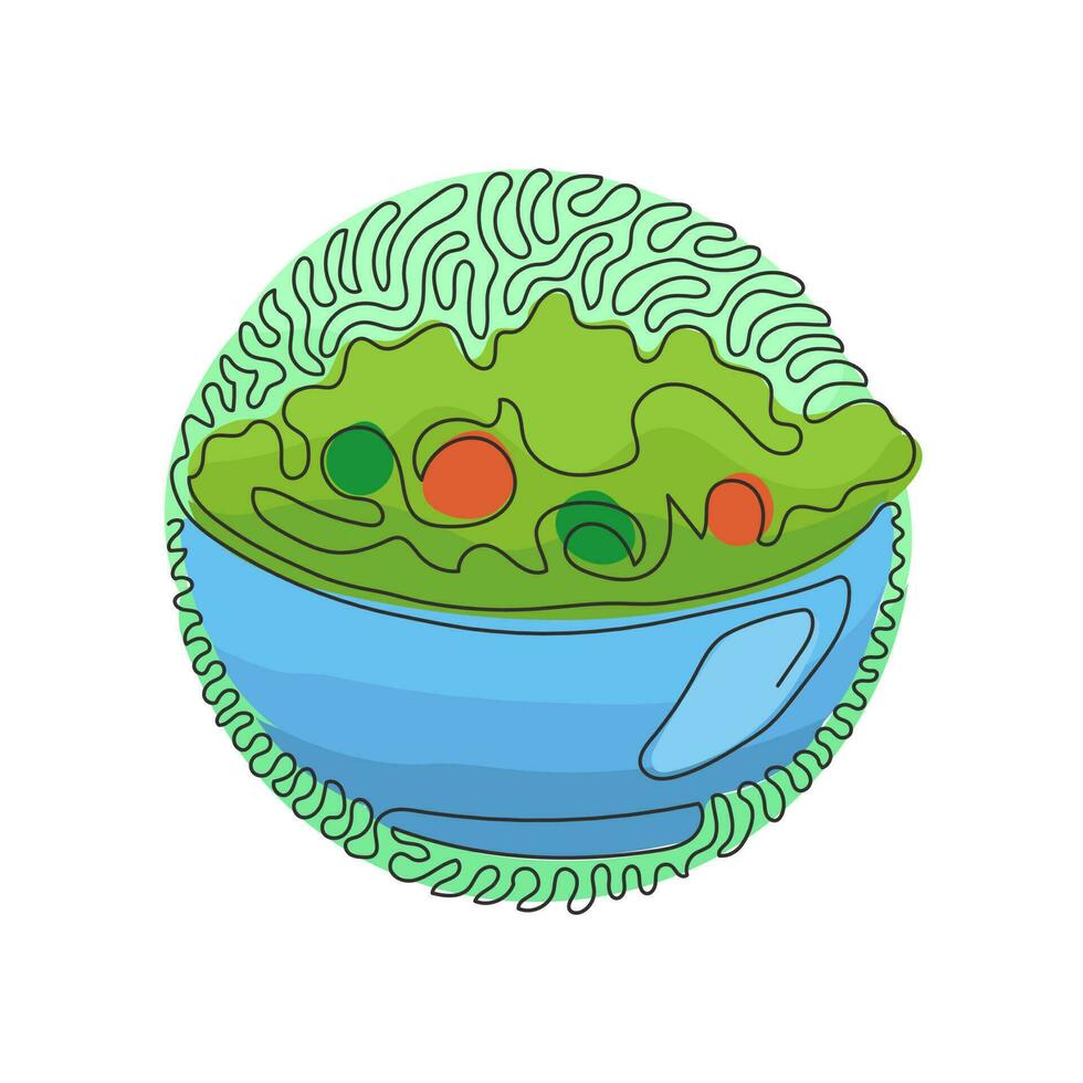 dibujo de una sola línea continua ensalada verde de verduras frescas en ensaladera. aperitivo saludable para el cuerpo humano. estilo de fondo de círculo de rizo de remolino. ilustración de vector de diseño gráfico de dibujo de una línea