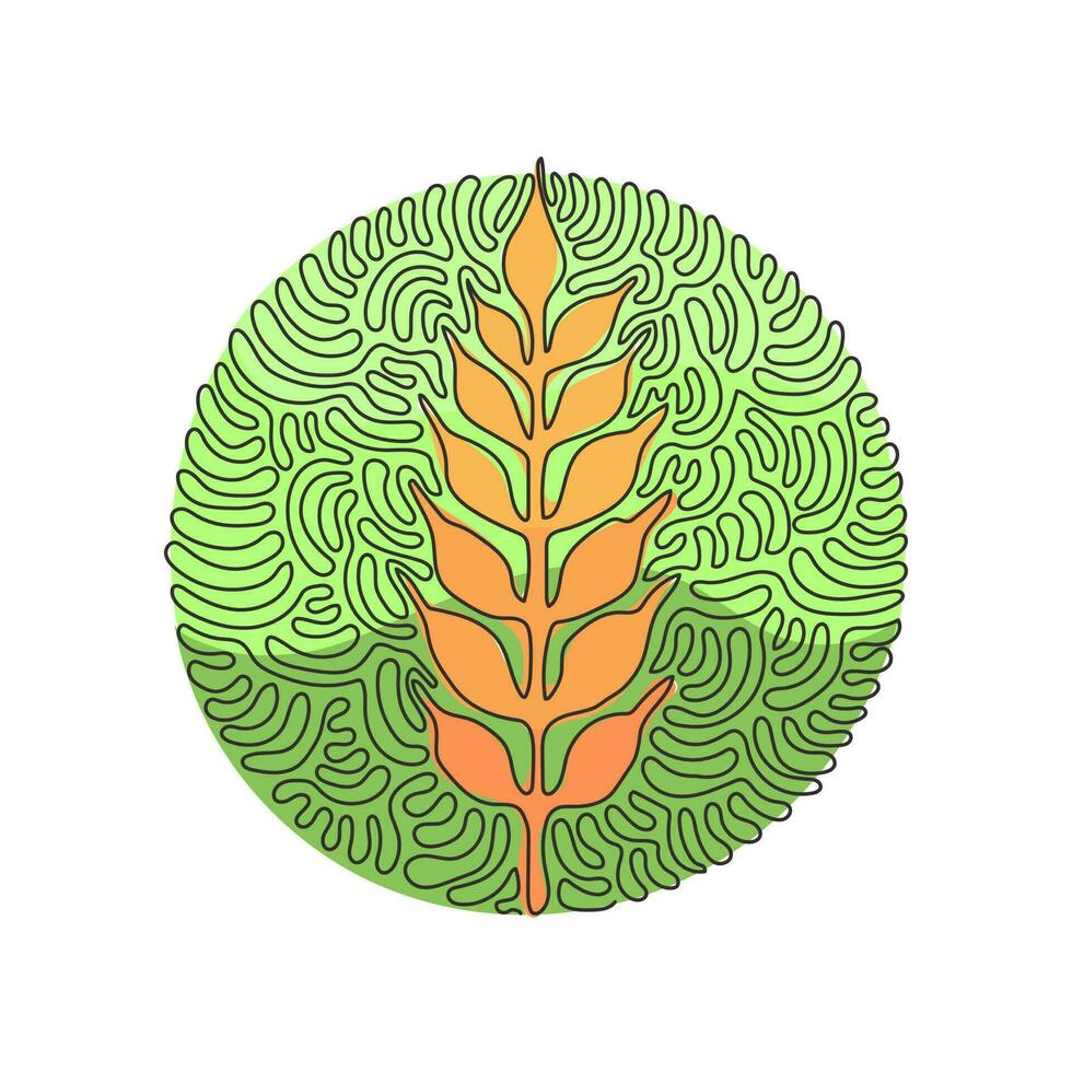 Single continuous line drawing wheat ears icon. Agriculture farm logo. Natural product grain sign. Swirl curl circle background style. Dynamic one line draw graphic design vector illustration