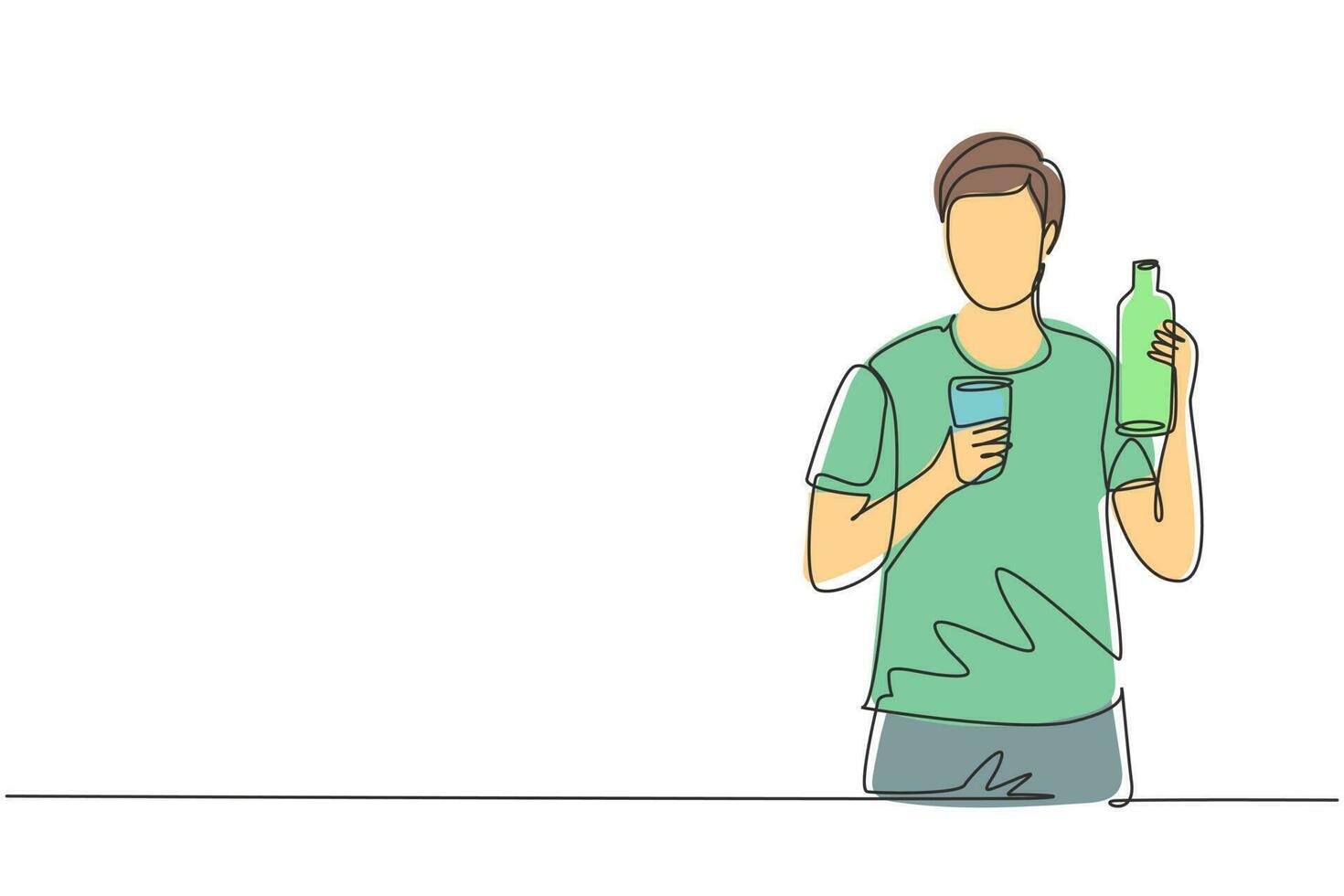 Single continuous line drawing young handsome man holding bottle in one hand and glass of orange juice in the other while having breakfast at home. One line draw graphic design vector illustration