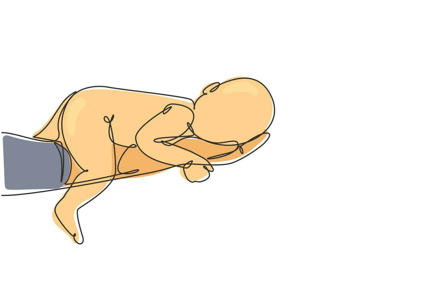 dibujo de una sola línea hermoso bebé recién nacido descansando en la mano de mamá. diminutas manos del bebé recién nacido y de una mujer. mamá feliz y su hijo. Ilustración de vector gráfico de diseño de dibujo de línea continua moderna