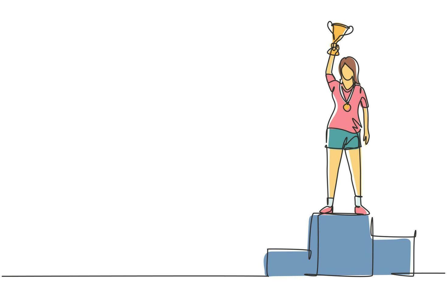 Single one line drawing female athlete wearing sports jersey lifting golden trophy with one hand on podium. Celebrating victory of competition. Continuous line draw design graphic vector illustration