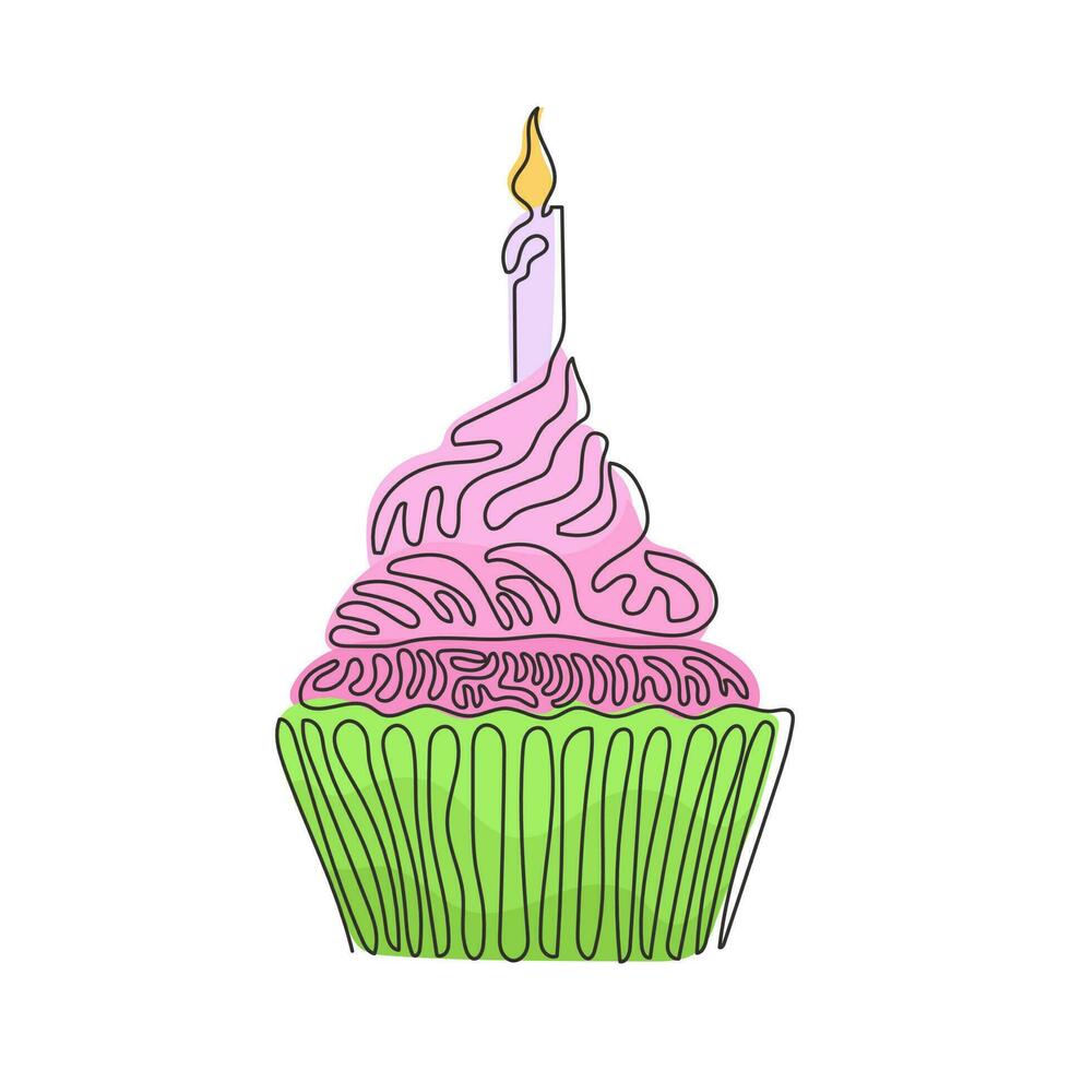 Continuous one line drawing yummy cupcake with candle. Sweet tasty cake. Delicious dessert for dinner. Snack in birthday party. Swirl curl style. Single line draw design vector graphic illustration