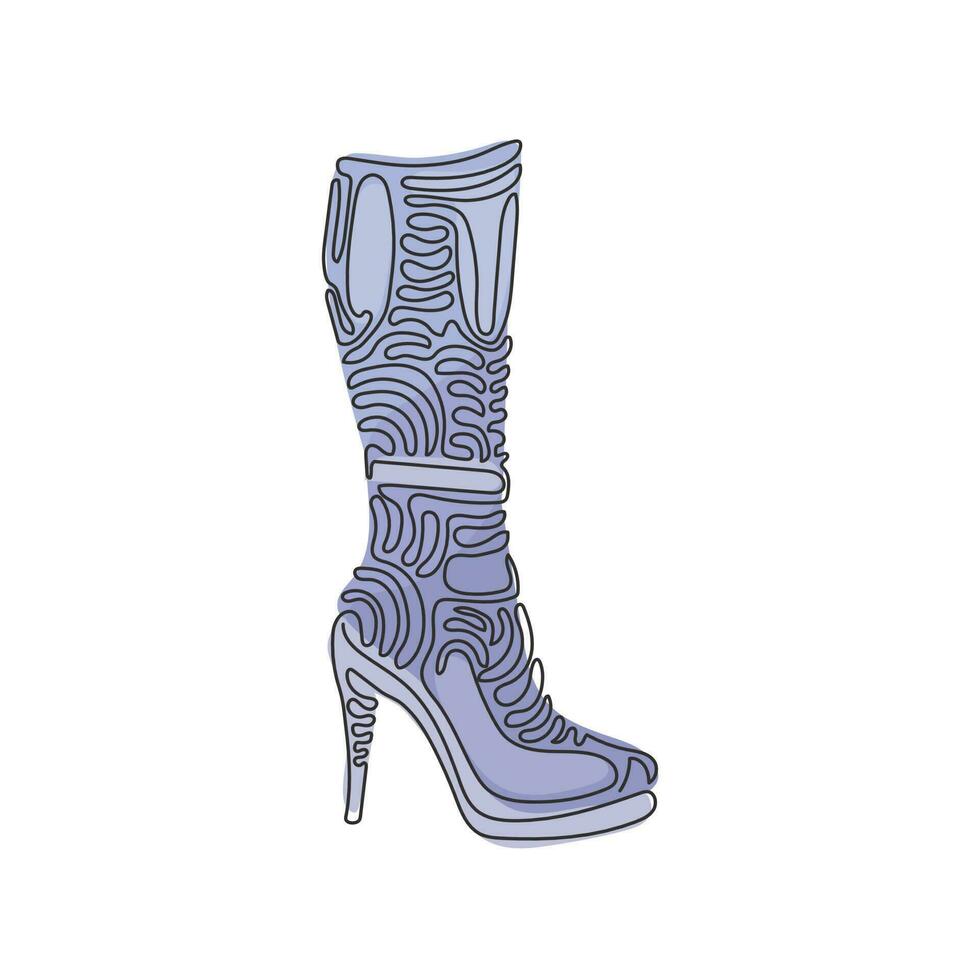 Single one line drawing fashionable women's boots. Autumn and winter female footwear. Knee high boots. Swirl curl style concept. Modern continuous line draw design graphic vector illustration