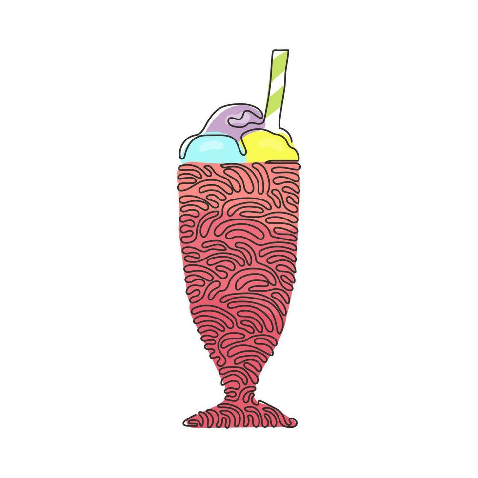 Single one line drawing delicious milkshakes in glasses with straws. Sweet cold tasty beverages. Yummy dessert drink. Swirl curl style. Modern continuous line draw design graphic vector illustration