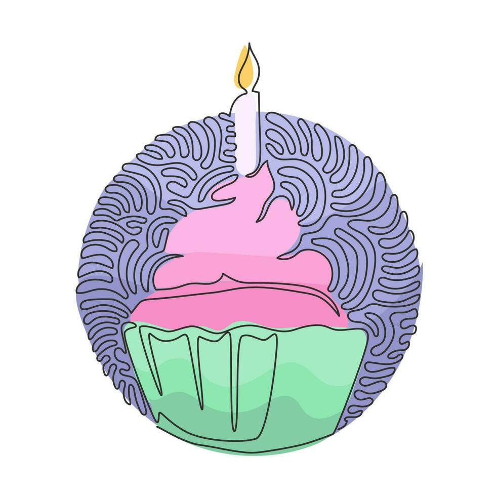 dibujo de una sola línea delicioso cupcake con vela. pastel dulce y sabroso. delicioso postre para la cena. estilo de fondo de círculo de rizo de remolino. ilustración de vector gráfico de diseño de dibujo de línea continua moderna