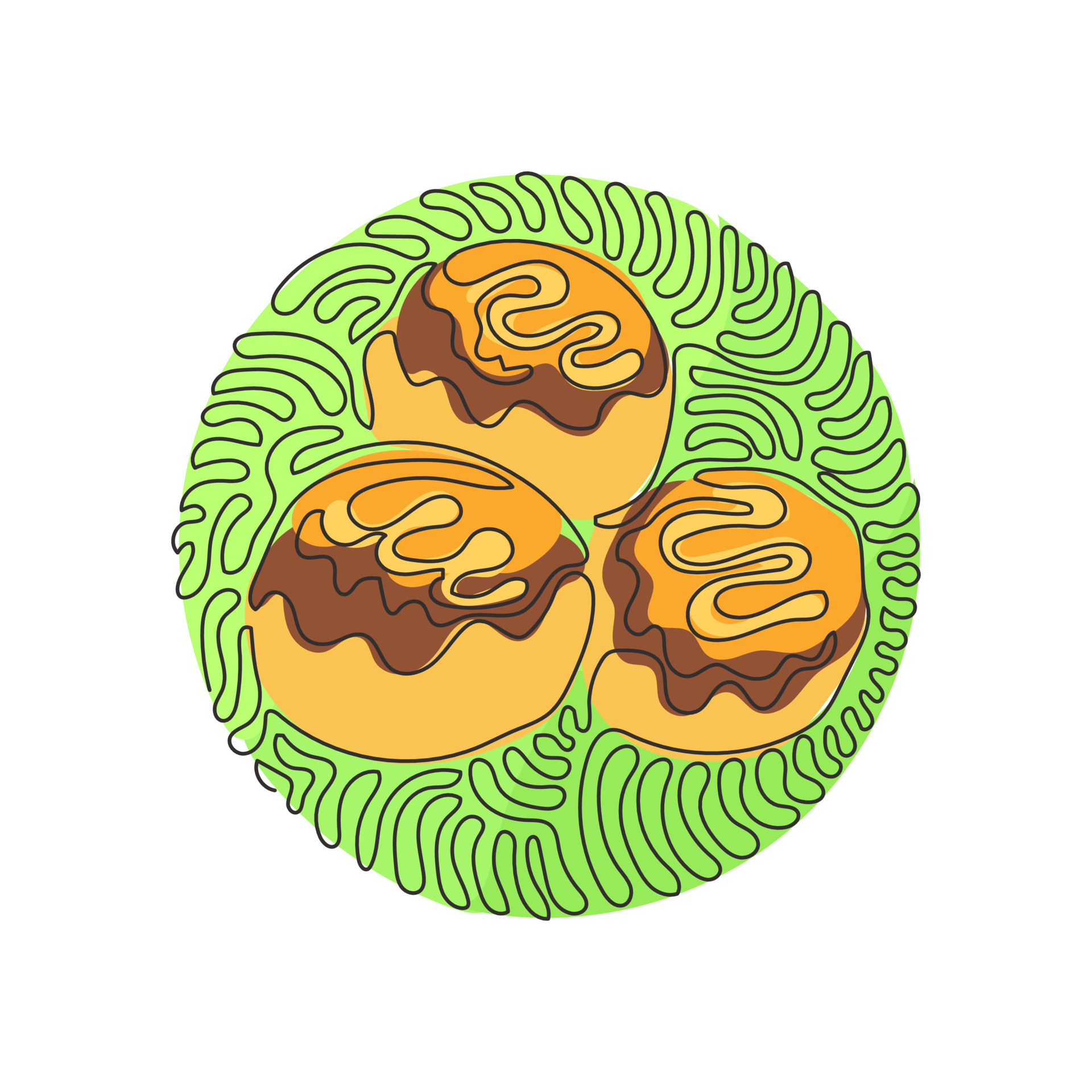 Single one line drawing takoyaki, octopus balls, Japanese fast food