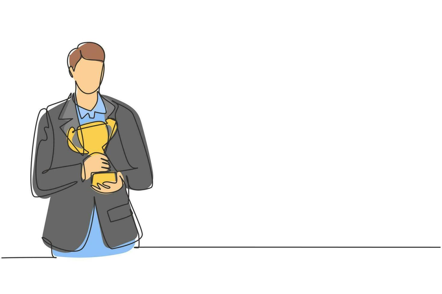 Single continuous line drawing young businessman wearing suit tie holding golden trophy with both hands. Symbol of achievement business performance. One line draw graphic design vector illustration