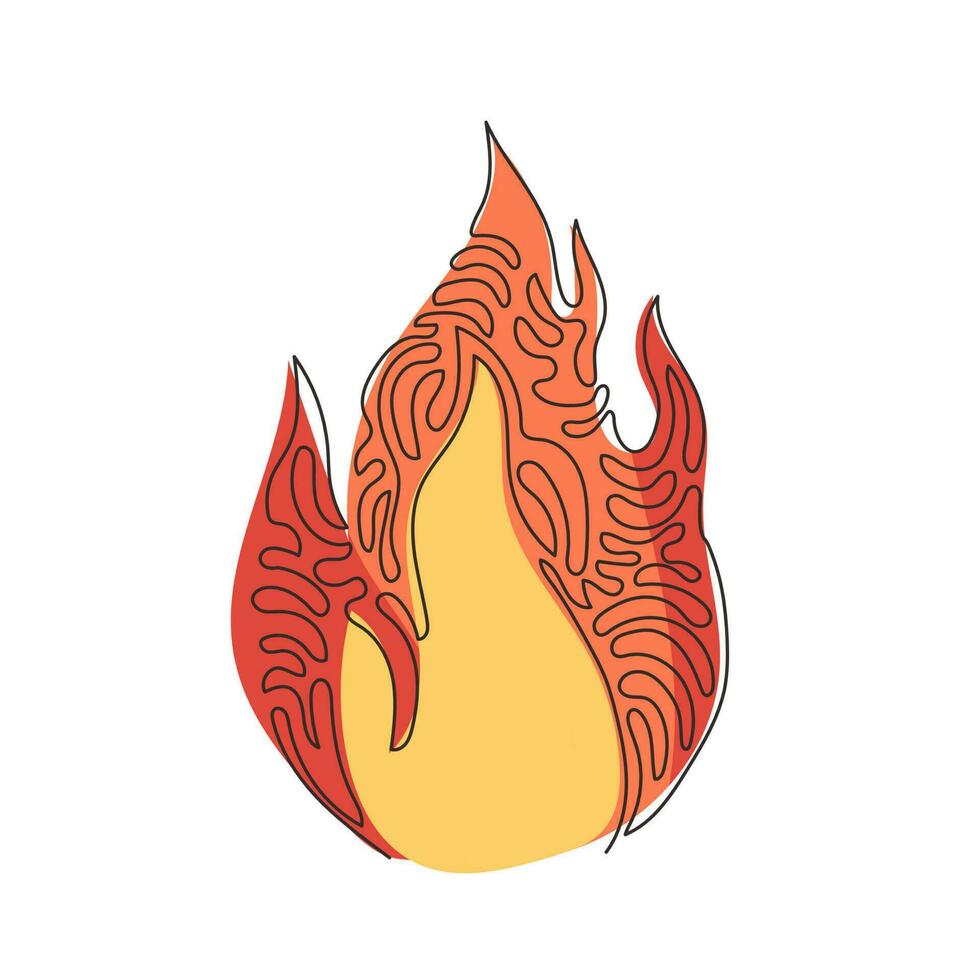 Single one line drawing fire, flame. Red flame in abstract style. Flat fire. Modern art isolated graphic. Fire sign. Swirl curl style. Modern continuous line draw design graphic vector illustration