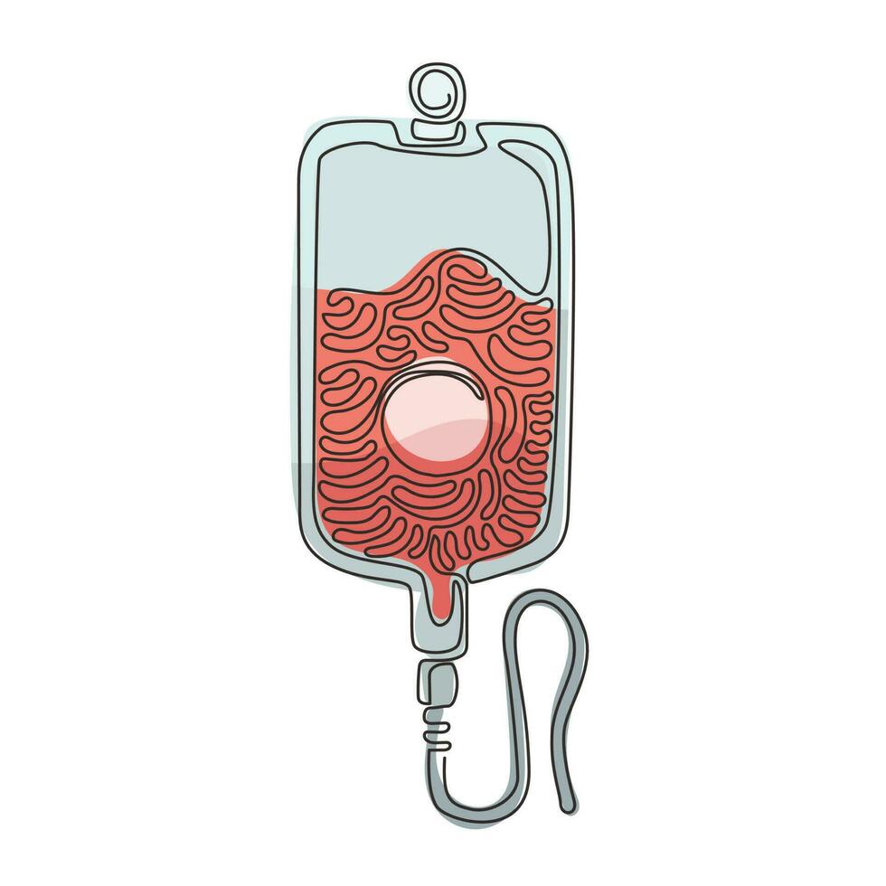 Single one line drawing infuse icon. Blood bag. IV bag icon. Illustration of catheter. Medicine and health symbol. Contour clinic icon. Swirl curl style. Continuous line draw design graphic vector