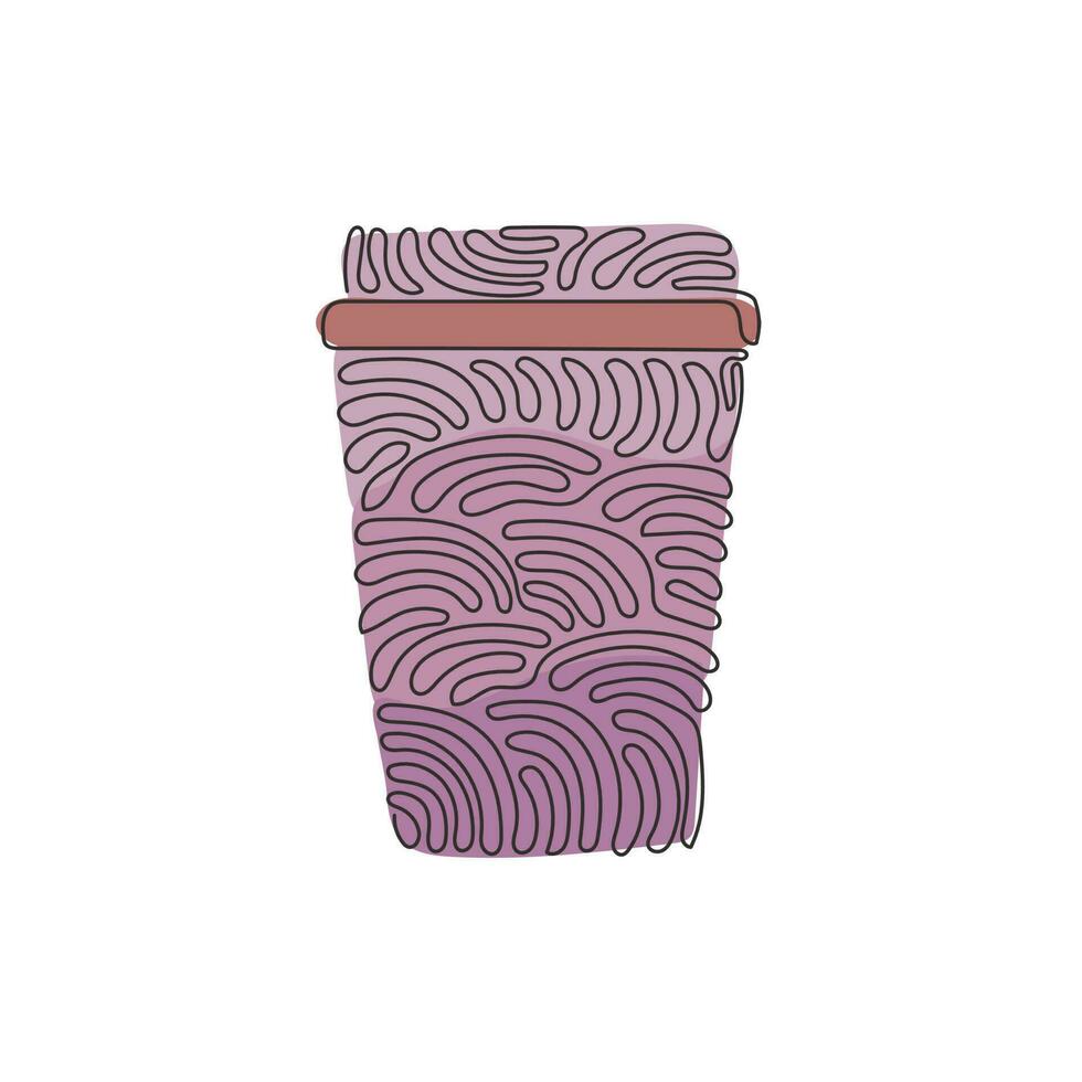 Single one line drawing disposable takeaway coffee cup. Cardboard coffee mug with plastic lid for cappuccino drink. Swirl curl style. Modern continuous line draw design graphic vector illustration