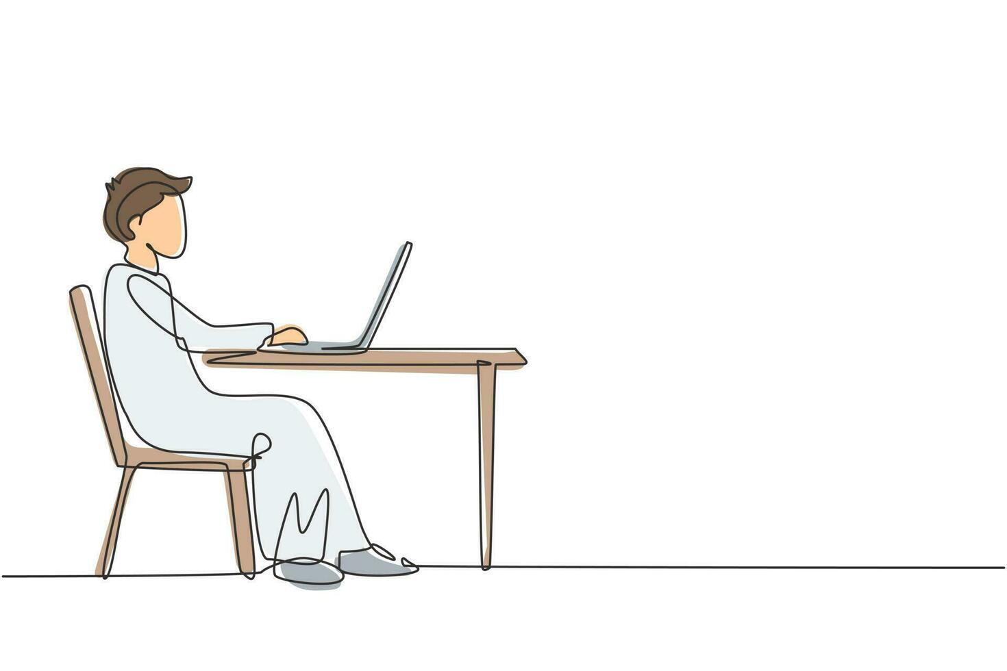 Single one line drawing Arabian boy with laptop sitting on chair around desk. Distance learning, online courses, and studying concept. Modern continuous line draw design graphic vector illustration